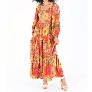 Vintage ANGIE Dress XS Boho Hippie Floral Flower Print Sunflower Ruched Stretch